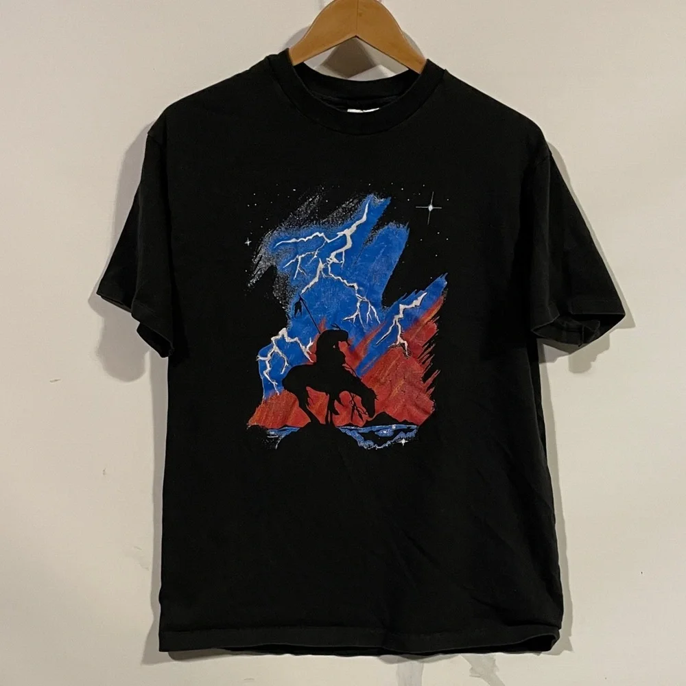 Vintage 90s Black Graphic western T-Shirt with Blue and Red Design - Picture 1 of 3